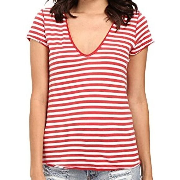 Free People Avery Stripe Cotton Tee Deep V neck in Ivory M - Picture 1 of 11